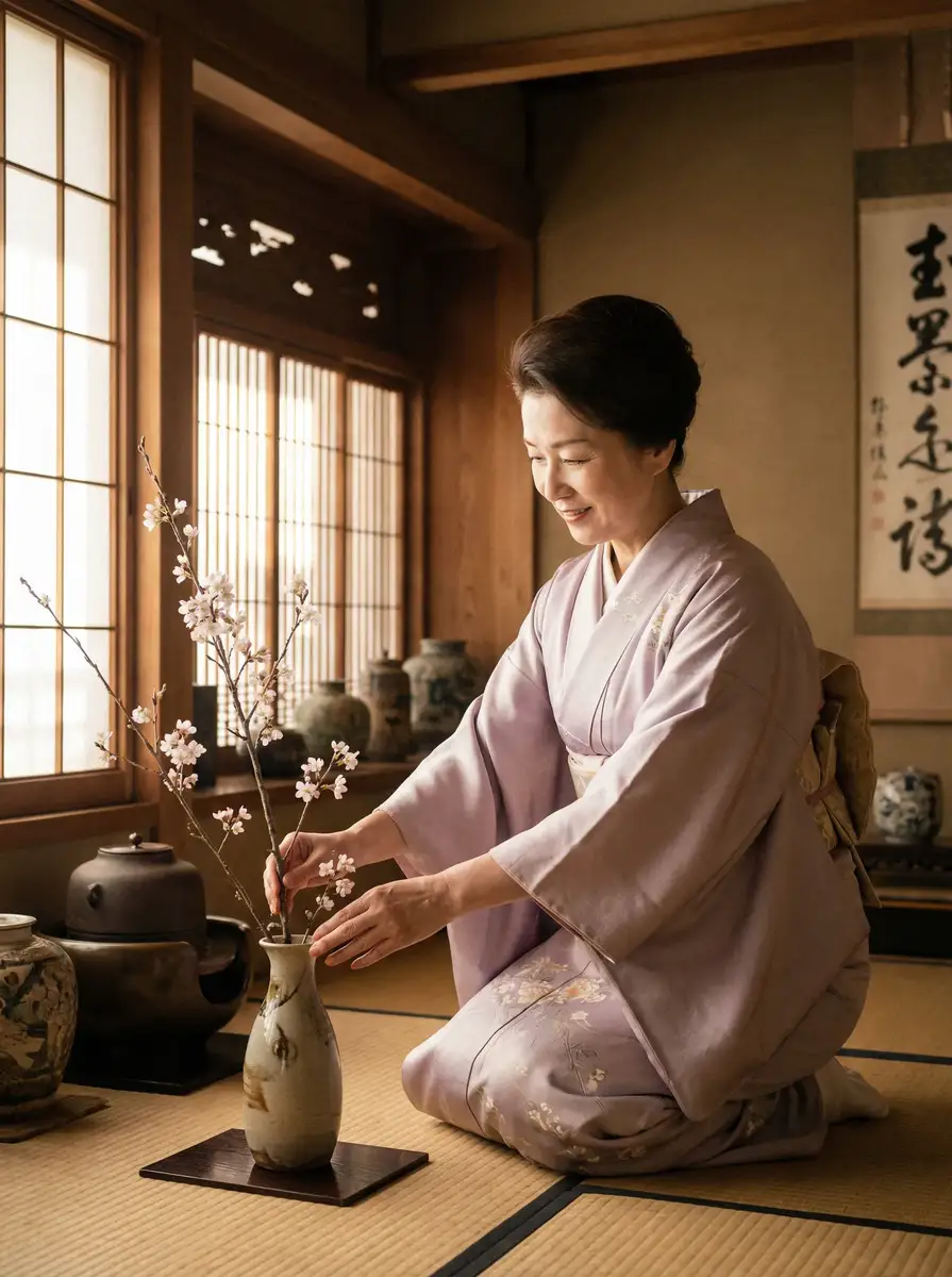 一位优雅的 薛凯琪 在和室中插花